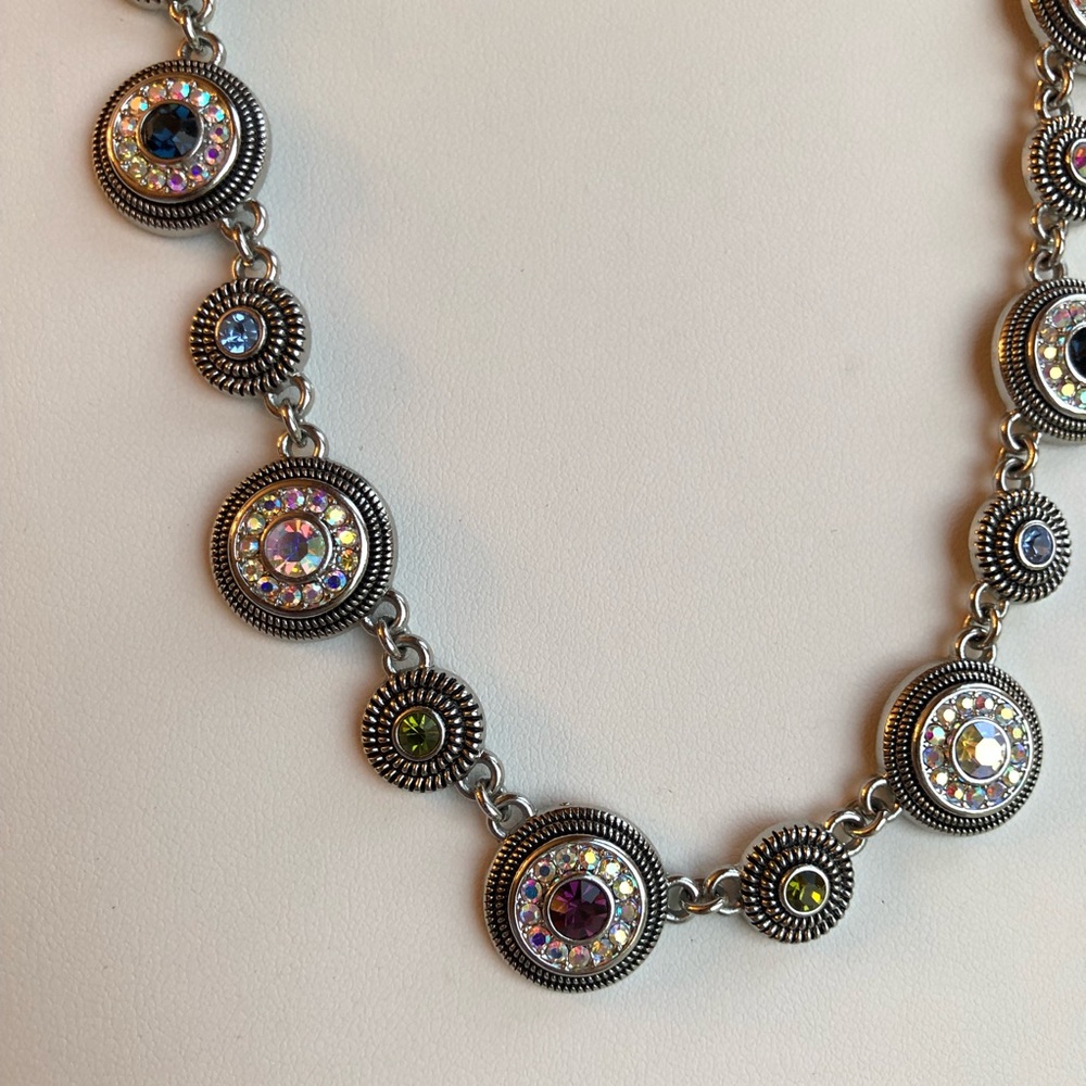 Lia Sophia silver necklace with multi color crystal gems!